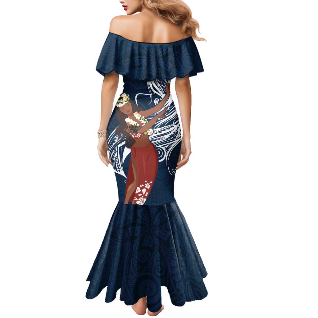 Tahiti Islands Polynesian Plumeria Family Matching Mermaid Dress and Hawaiian Shirt Tahitian Vahine 'Ote'a - Navy Blue