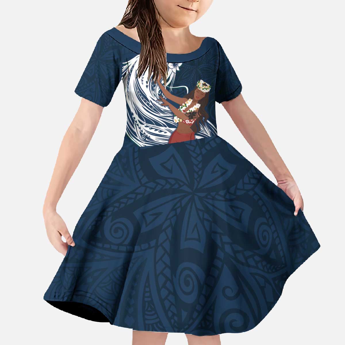 Tahiti Islands Polynesian Plumeria Family Matching Off The Shoulder Long Sleeve Dress and Hawaiian Shirt Tahitian Vahine 'Ote'a - Navy Blue
