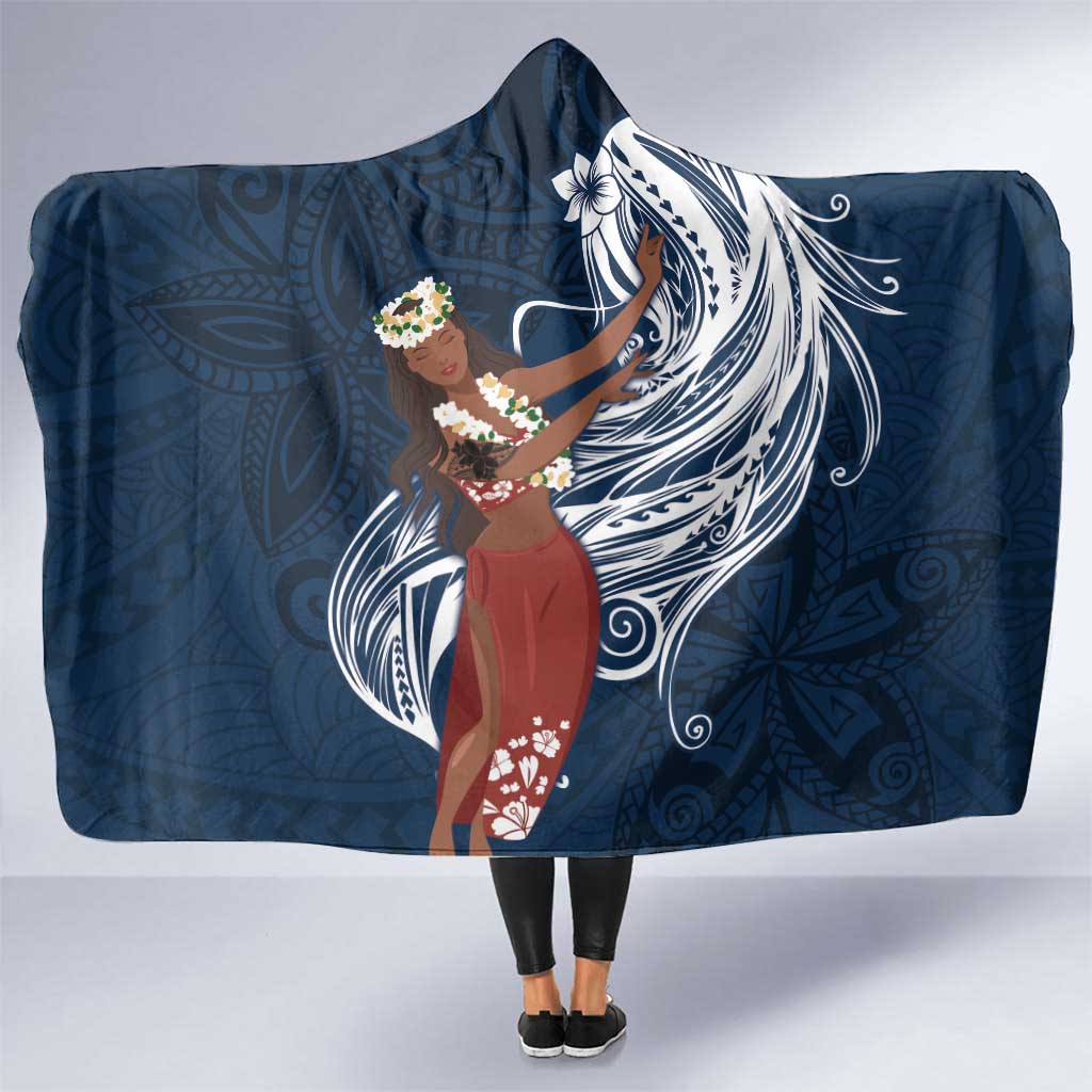 Tahiti Islands Polynesian Plumeria Hooded Blanket Tahitian Vahine 'Ote'a - Navy Blue LT7 One Size Blue - Polynesian Pride