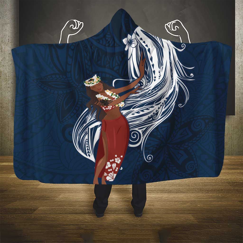Tahiti Islands Polynesian Plumeria Hooded Blanket Tahitian Vahine 'Ote'a - Navy Blue LT7 - Polynesian Pride