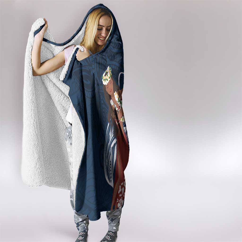 Tahiti Islands Polynesian Plumeria Hooded Blanket Tahitian Vahine 'Ote'a - Navy Blue LT7 - Polynesian Pride