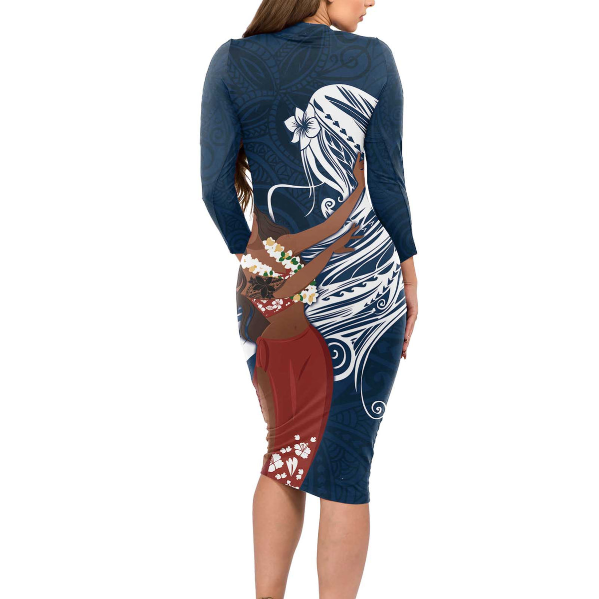 Tahiti Islands Polynesian Plumeria Long Sleeve Bodycon Dress Tahitian Vahine 'Ote'a - Navy Blue