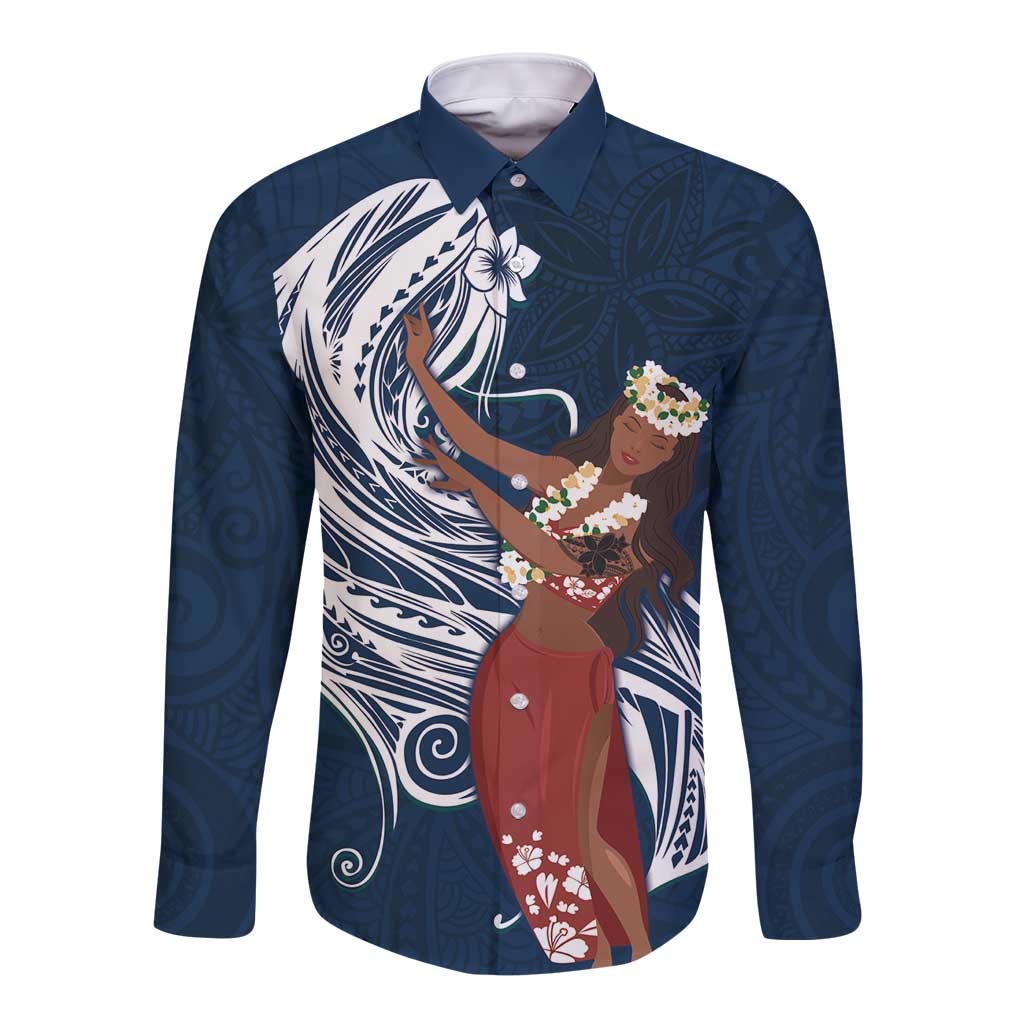 Tahiti Islands Polynesian Plumeria Long Sleeve Button Shirt Tahitian Vahine 'Ote'a - Navy Blue LT7 Unisex Blue - Polynesian Pride