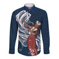 Tahiti Islands Polynesian Plumeria Long Sleeve Button Shirt Tahitian Vahine 'Ote'a - Navy Blue LT7 Unisex Blue - Polynesian Pride