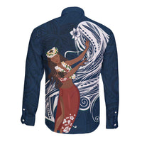 Tahiti Islands Polynesian Plumeria Long Sleeve Button Shirt Tahitian Vahine 'Ote'a - Navy Blue LT7 - Polynesian Pride