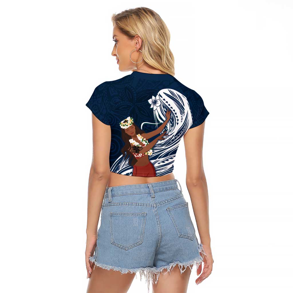 Tahiti Islands Polynesian Plumeria Raglan Cropped T Shirt Tahitian Vahine 'Ote'a - Navy Blue