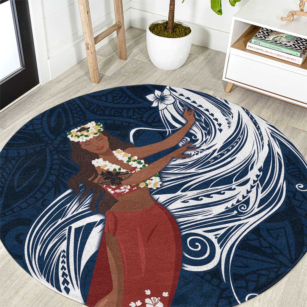 Tahiti Islands Polynesian Plumeria Round Carpet Tahitian Vahine 'Ote'a - Navy Blue LT7 Blue - Polynesian Pride