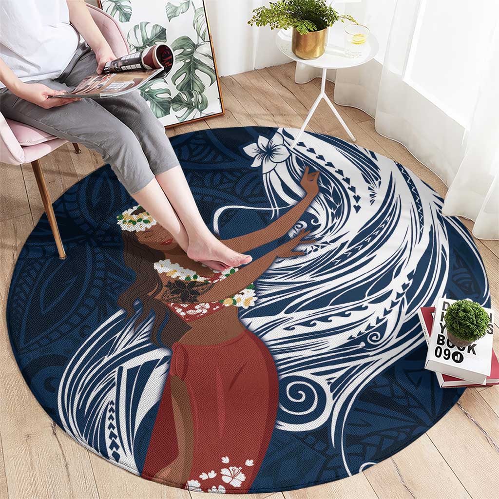 Tahiti Islands Polynesian Plumeria Round Carpet Tahitian Vahine 'Ote'a - Navy Blue LT7 - Polynesian Pride