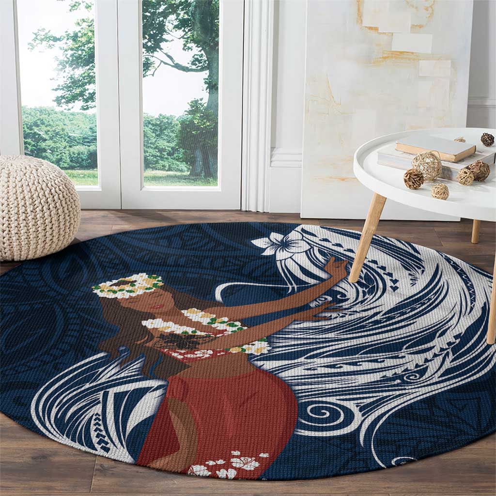 Tahiti Islands Polynesian Plumeria Round Carpet Tahitian Vahine 'Ote'a - Navy Blue LT7 - Polynesian Pride