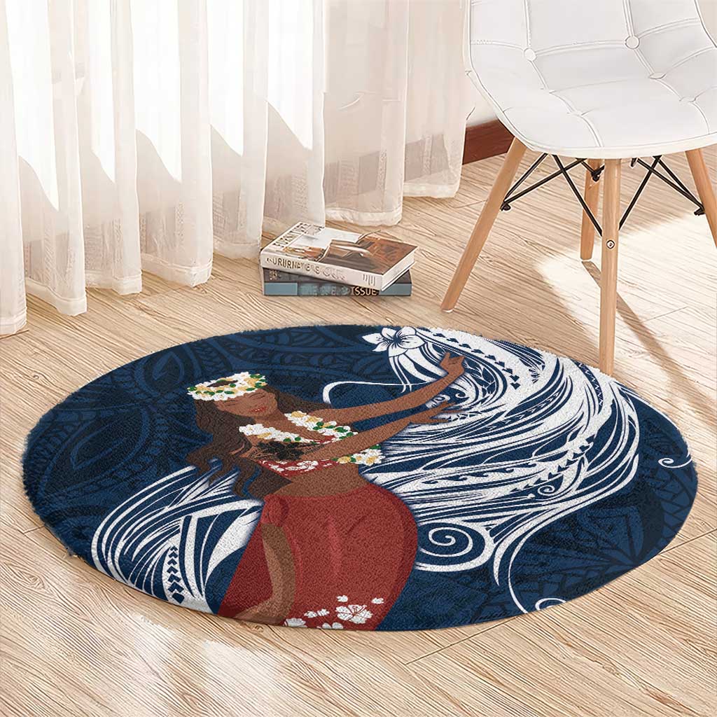 Tahiti Islands Polynesian Plumeria Round Carpet Tahitian Vahine 'Ote'a - Navy Blue LT7 - Polynesian Pride