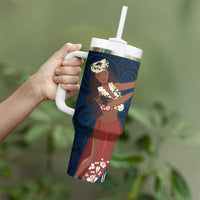 Tahiti Islands Polynesian Plumeria Tumbler With Handle Tahitian Vahine 'Ote'a - Navy Blue