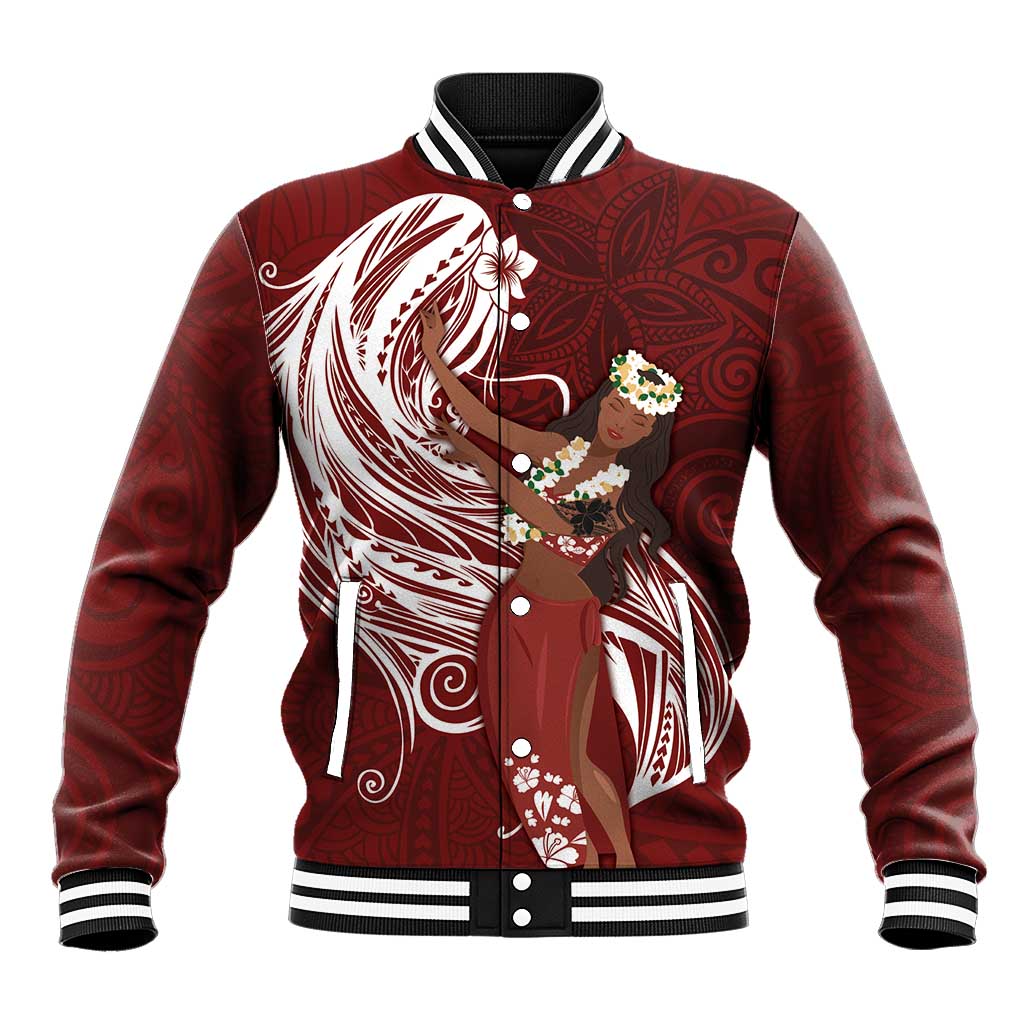 Tahiti Islands Polynesian Plumeria Baseball Jacket Tahitian Vahine 'Ote'a - Scarlet LT7 Unisex Red - Polynesian Pride