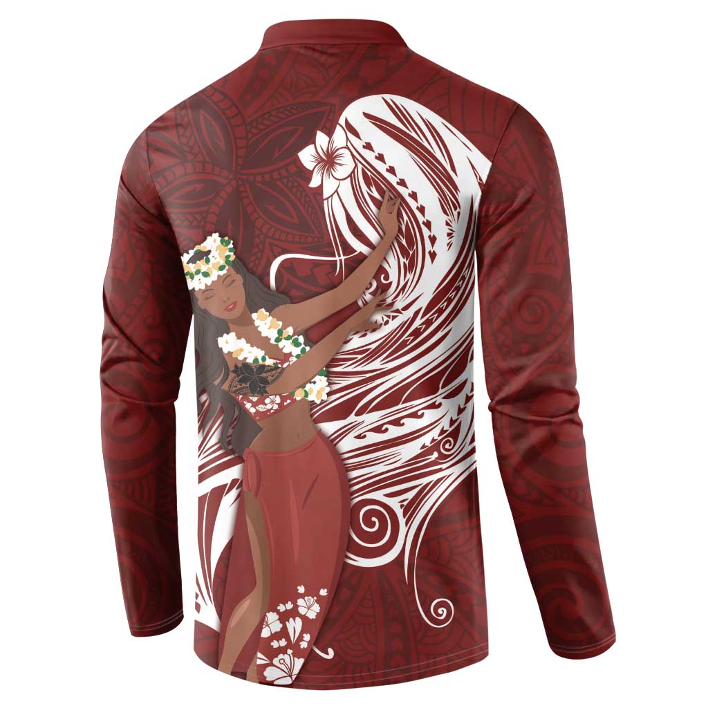 Tahiti Islands Polynesian Plumeria Button Sweatshirt Tahitian Vahine 'Ote'a - Scarlet