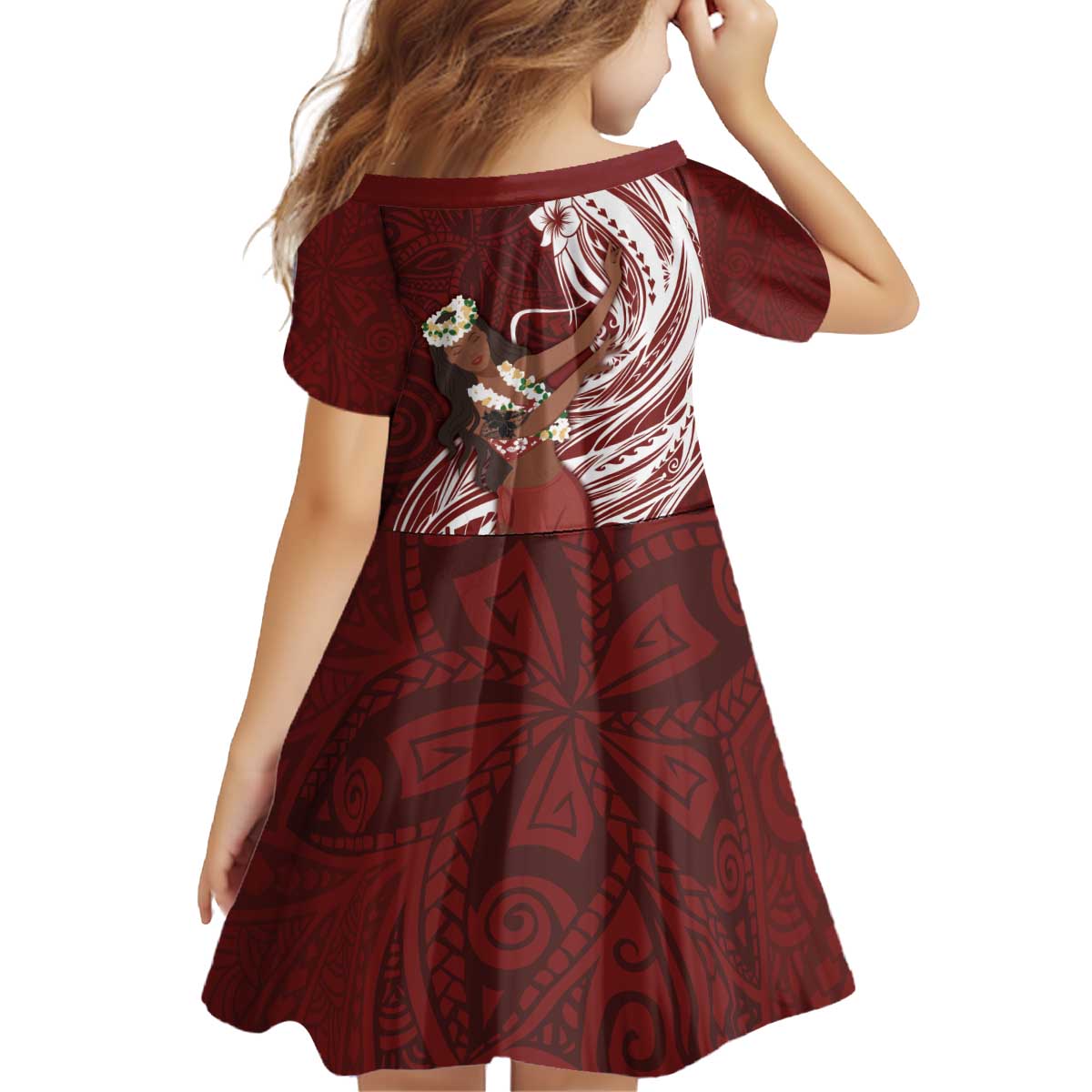 Tahiti Islands Polynesian Plumeria Kid Short Sleeve Dress Tahitian Vahine 'Ote'a - Scarlet