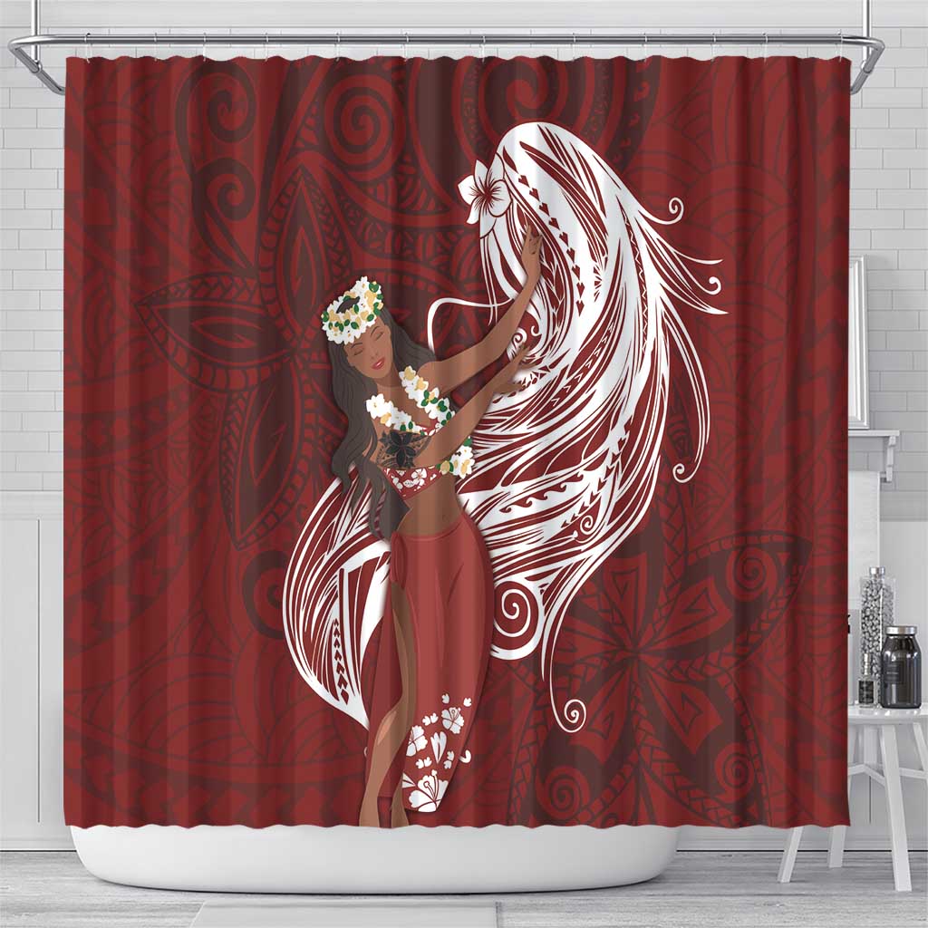 Tahiti Islands Polynesian Plumeria Shower Curtain Tahitian Vahine 'Ote'a - Scarlet