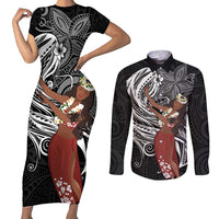 Tahiti Islands Polynesian Plumeria Couples Matching Short Sleeve Bodycon Dress and Long Sleeve Button Shirt Tahitian Vahine 'Ote'a - Black