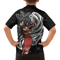 Tahiti Islands Polynesian Plumeria Family Matching Off Shoulder Short Dress and Hawaiian Shirt Tahitian Vahine 'Ote'a - Black