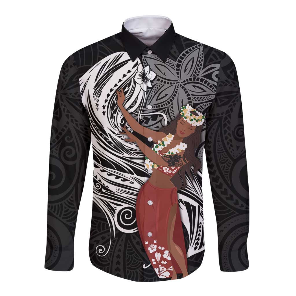 Tahiti Islands Polynesian Plumeria Long Sleeve Button Shirt Tahitian Vahine 'Ote'a - Black LT7 Unisex Black - Polynesian Pride