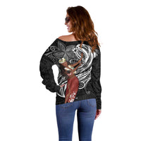 Tahiti Islands Polynesian Plumeria Off Shoulder Sweater Tahitian Vahine 'Ote'a - Black