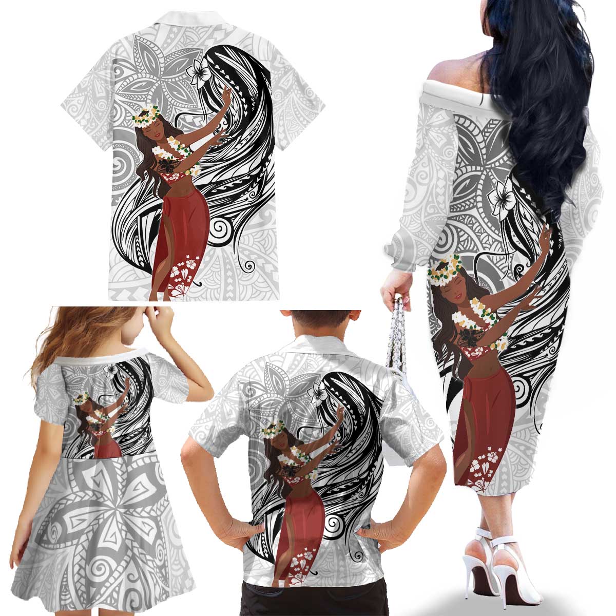 Tahiti Islands Polynesian Plumeria Family Matching Off The Shoulder Long Sleeve Dress and Hawaiian Shirt Tahitian Vahine 'Ote'a - White