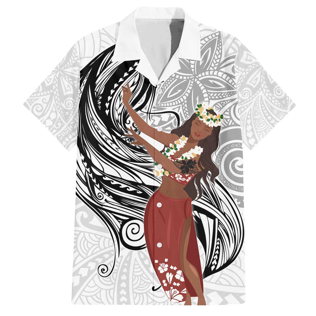 Tahiti Islands Polynesian Plumeria Family Matching Off Shoulder Short Dress and Hawaiian Shirt Tahitian Vahine 'Ote'a - White