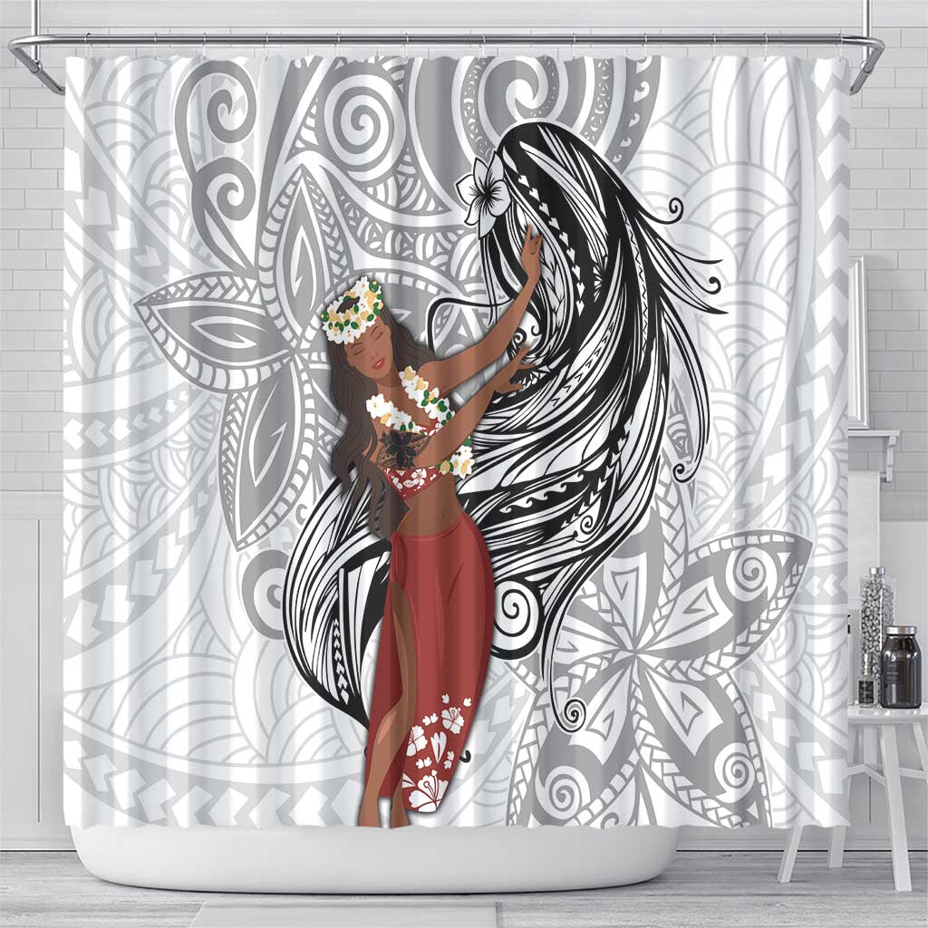 Tahiti Islands Polynesian Plumeria Shower Curtain Tahitian Vahine 'Ote'a - White