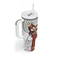 Tahiti Islands Polynesian Plumeria Tumbler With Handle Tahitian Vahine 'Ote'a - White LT7 - Polynesian Pride