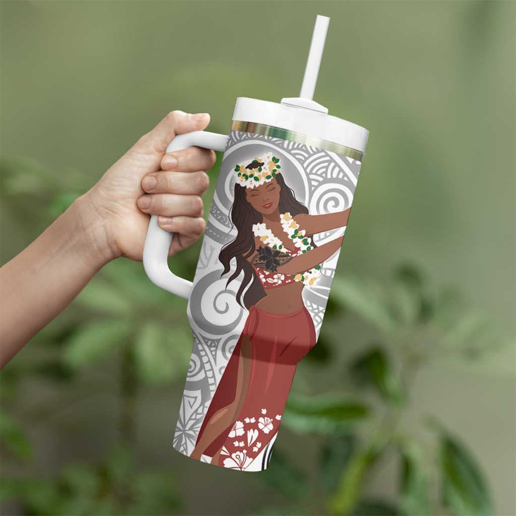 Tahiti Islands Polynesian Plumeria Tumbler With Handle Tahitian Vahine 'Ote'a - White LT7 - Polynesian Pride