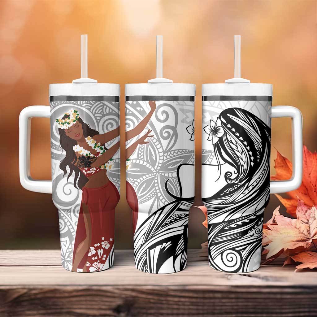 Tahiti Islands Polynesian Plumeria Tumbler With Handle Tahitian Vahine 'Ote'a - White LT7 - Polynesian Pride