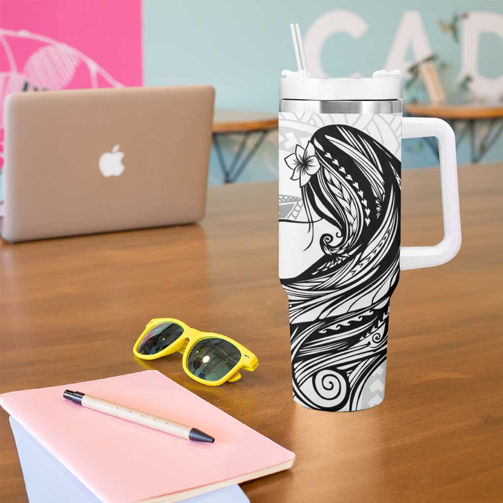 Tahiti Islands Polynesian Plumeria Tumbler With Handle Tahitian Vahine 'Ote'a - White LT7 - Polynesian Pride