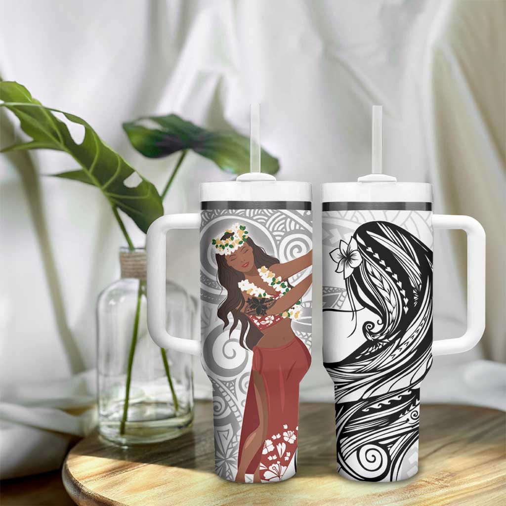 Tahiti Islands Polynesian Plumeria Tumbler With Handle Tahitian Vahine 'Ote'a - White LT7 - Polynesian Pride