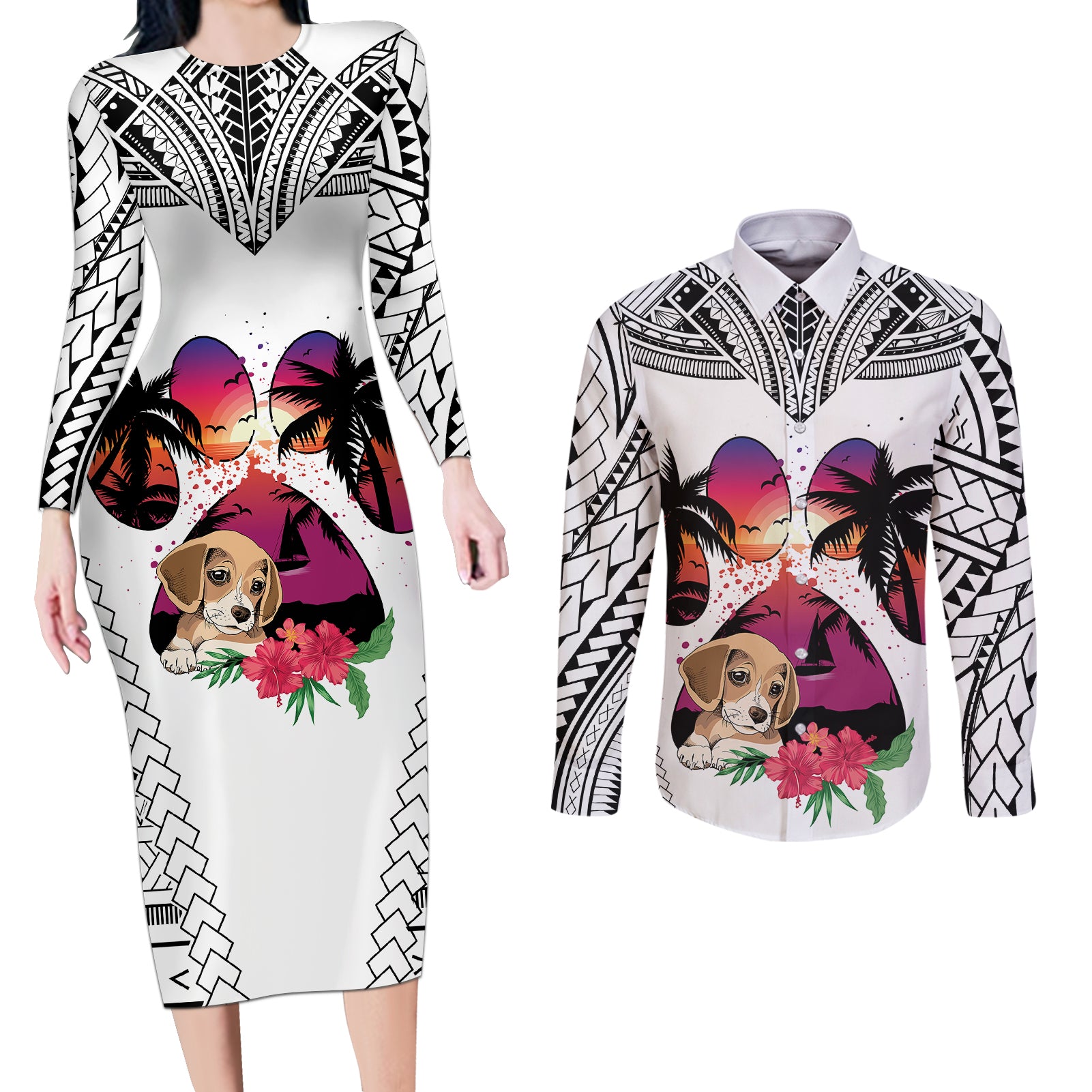 Polynesian Couples Matching Long Sleeve Bodycon Dress and Long Sleeve Button Shirts Dog Lover With Beagle - Sunset At The Beach White Ver LT7 White - Polynesian Pride
