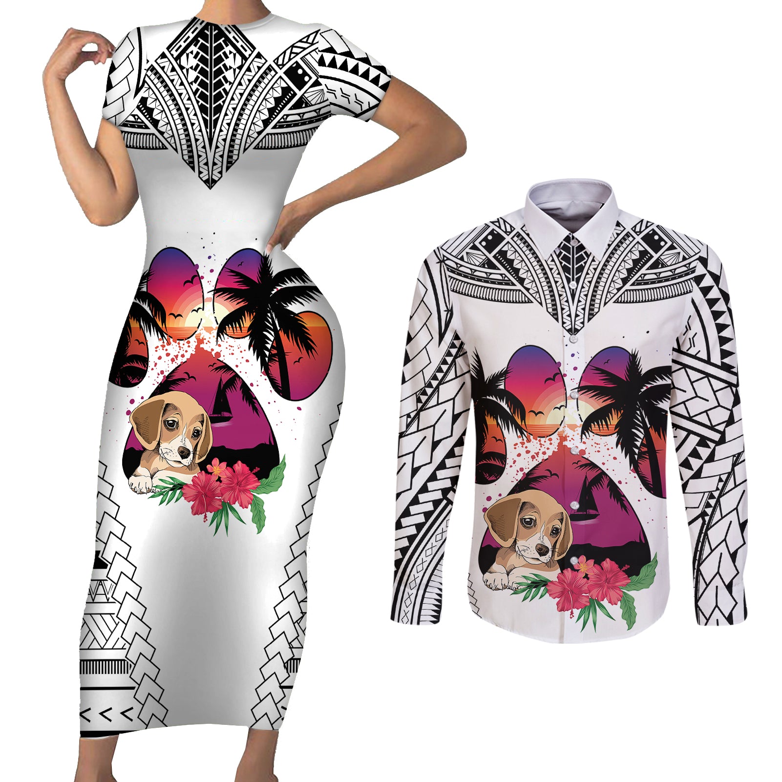 Polynesian Couples Matching Short Sleeve Bodycon Dress and Long Sleeve Button Shirts Dog Lover With Beagle - Sunset At The Beach White Ver LT7 White - Polynesian Pride