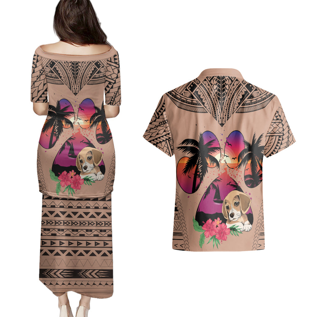 Polynesian Couples Matching Puletasi Dress and Hawaiian Shirt Dog Lover With Beagle - Sunset At The Beach Brown Ver LT7 - Polynesian Pride