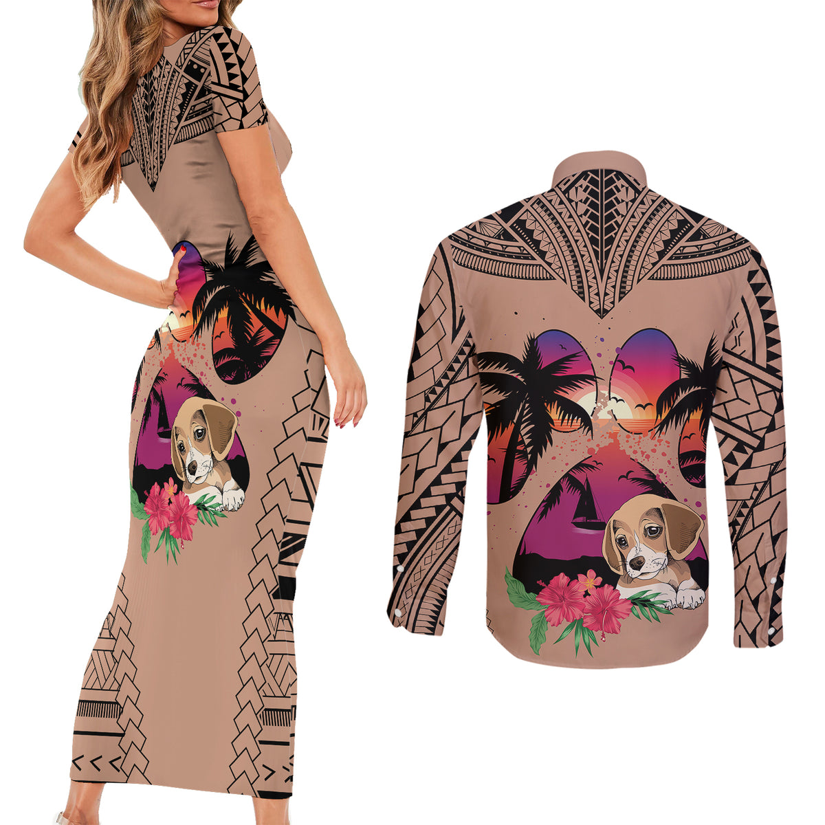 Polynesian Couples Matching Short Sleeve Bodycon Dress and Long Sleeve Button Shirts Dog Lover With Beagle - Sunset At The Beach Brown Ver LT7 - Polynesian Pride