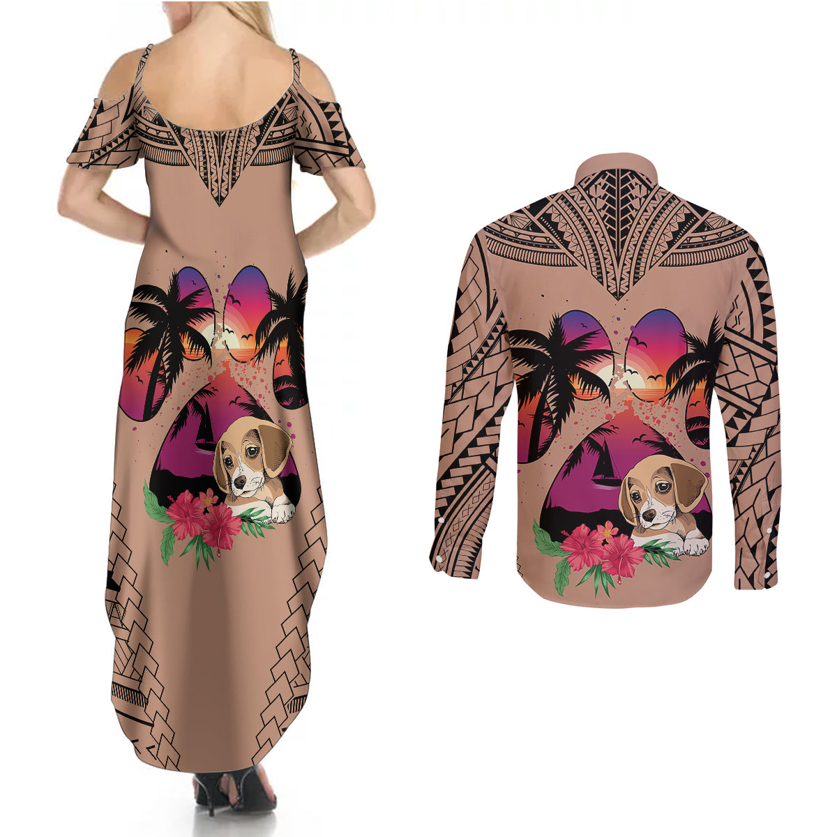 Polynesian Couples Matching Summer Maxi Dress and Long Sleeve Button Shirts Dog Lover With Beagle - Sunset At The Beach Brown Ver LT7 - Polynesian Pride