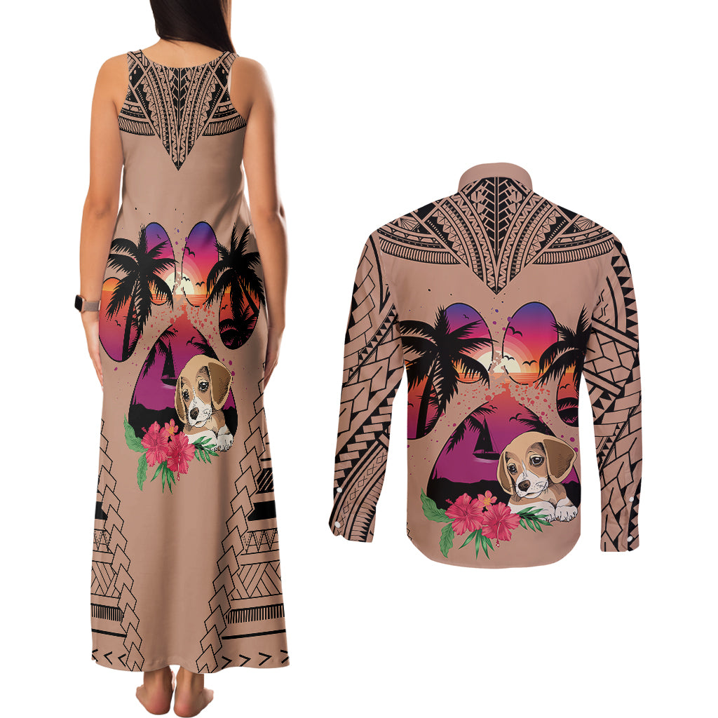 Polynesian Couples Matching Tank Maxi Dress and Long Sleeve Button Shirts Dog Lover With Beagle - Sunset At The Beach Brown Ver LT7 - Polynesian Pride
