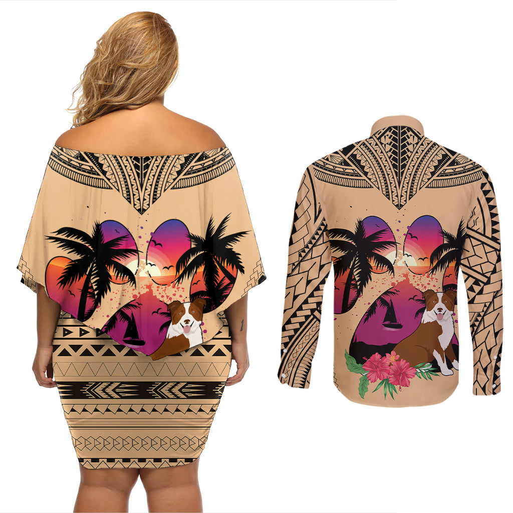 Polynesian Couples Matching Off Shoulder Short Dress and Long Sleeve Button Shirts Dog Lover With Border Collie - Sunset At The Beach LT7 - Polynesian Pride