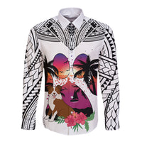 Polynesian Long Sleeve Button Shirt Dog Lover With Border Collie - Sunset At The Beach White Ver LT7 Unisex White - Polynesian Pride