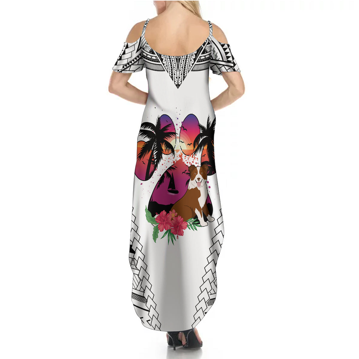 Polynesian Summer Maxi Dress Dog Lover With Border Collie - Sunset At The Beach White Ver LT7 - Polynesian Pride