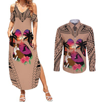 Polynesian Couples Matching Summer Maxi Dress and Long Sleeve Button Shirts Dog Lover With Border Collie - Sunset At The Beach Brown Ver LT7 Brown - Polynesian Pride