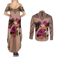 Polynesian Couples Matching Summer Maxi Dress and Long Sleeve Button Shirts Dog Lover With Border Collie - Sunset At The Beach Brown Ver LT7 - Polynesian Pride