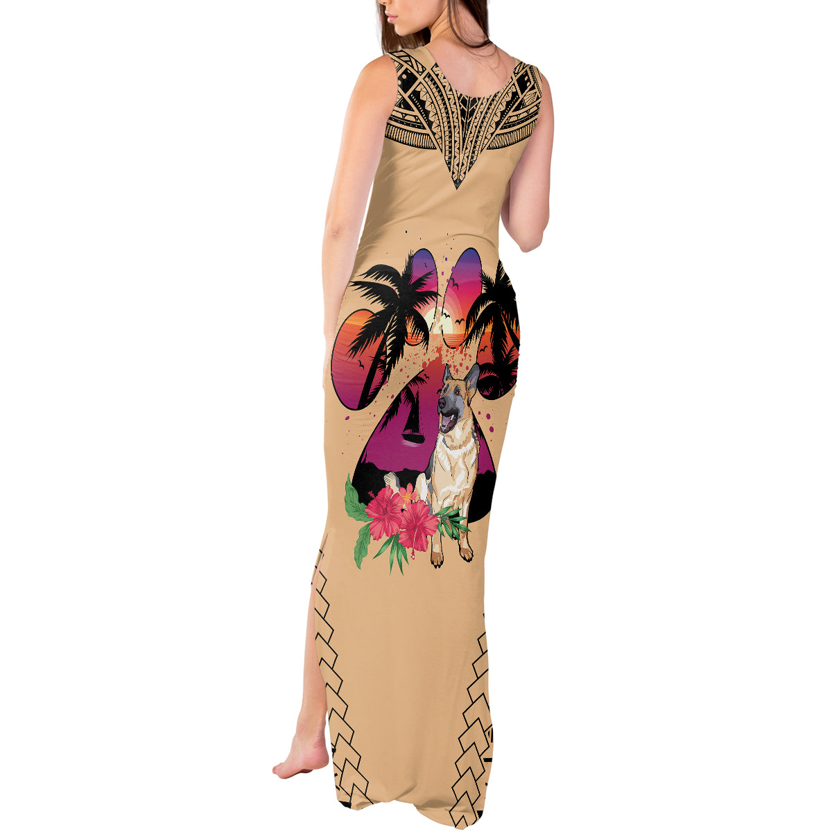Polynesian Tank Maxi Dress Dog Lover With German Shepherd - Sunset At The Beach LT7 - Polynesian Pride
