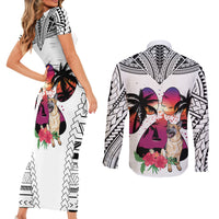 Polynesian Couples Matching Short Sleeve Bodycon Dress and Long Sleeve Button Shirts Dog Lover With German Shepherd - Sunset At The Beach White Ver LT7 - Polynesian Pride