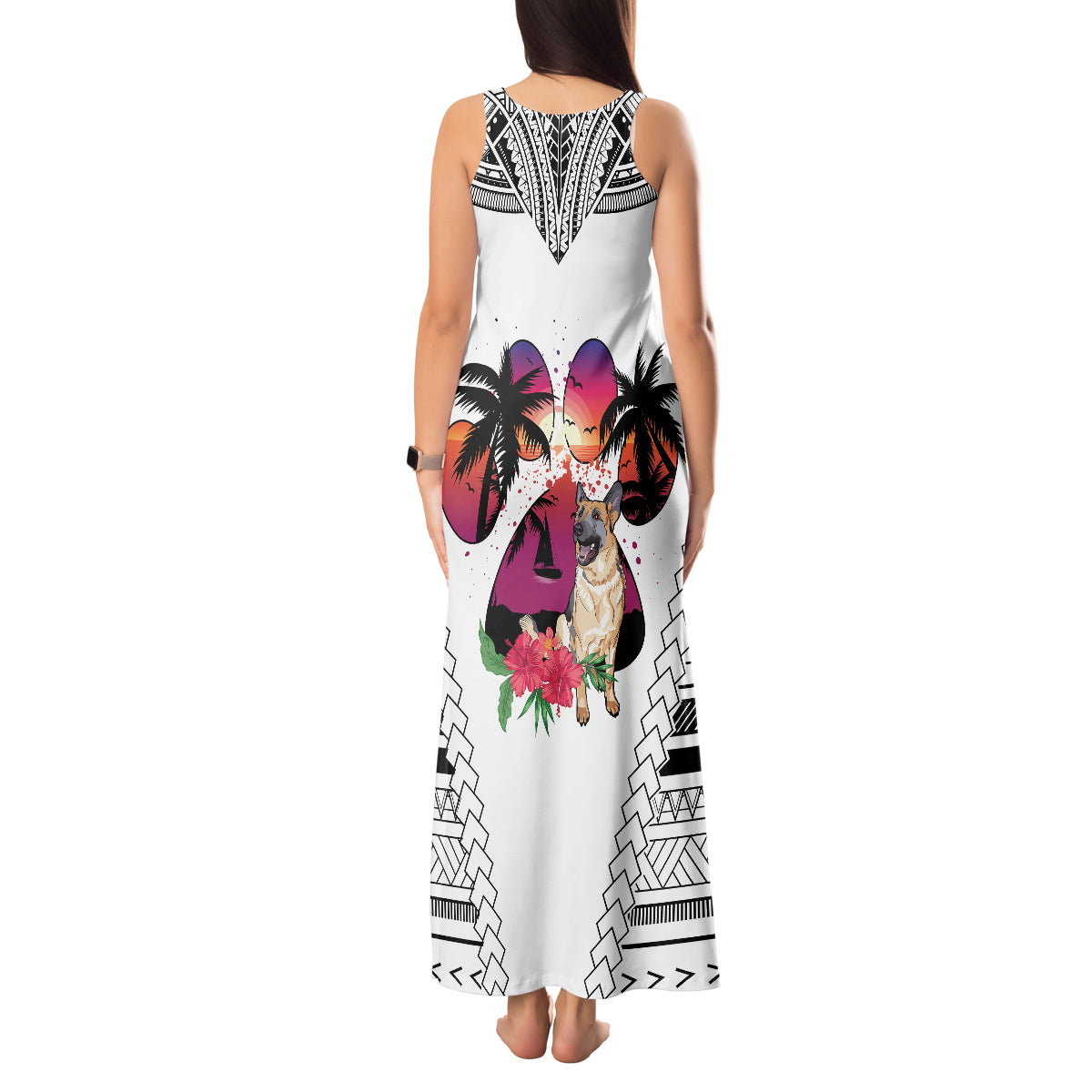 Polynesian Tank Maxi Dress Dog Lover With German Shepherd - Sunset At The Beach White Ver LT7 - Polynesian Pride
