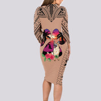 Polynesian Long Sleeve Bodycon Dress Dog Lover With German Shepherd - Sunset At The Beach Brown Ver LT7 - Polynesian Pride