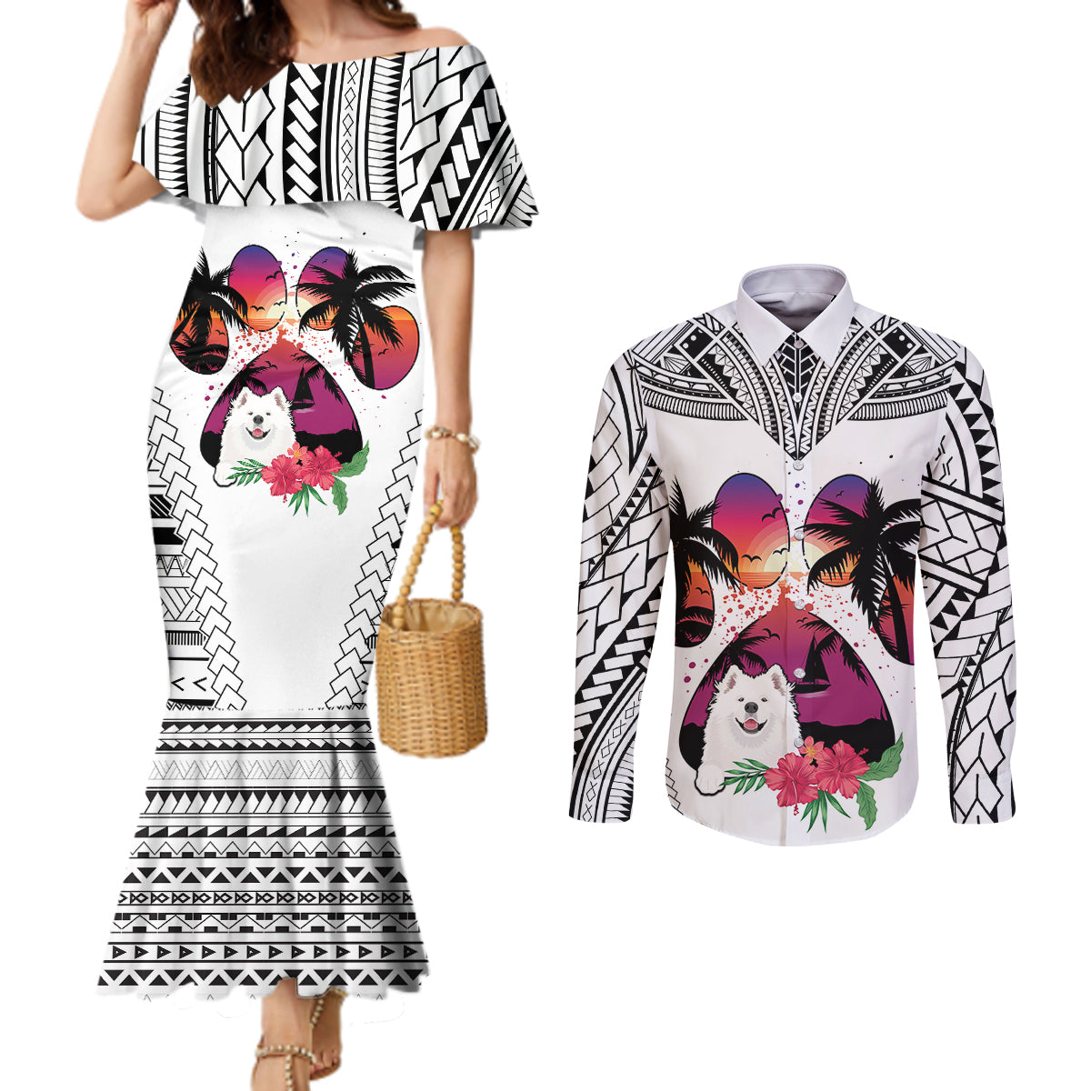 Polynesian Couples Matching Mermaid Dress and Long Sleeve Button Shirts Dog Lover With Samoyed - Sunset At The Beach White Ver LT7 White - Polynesian Pride