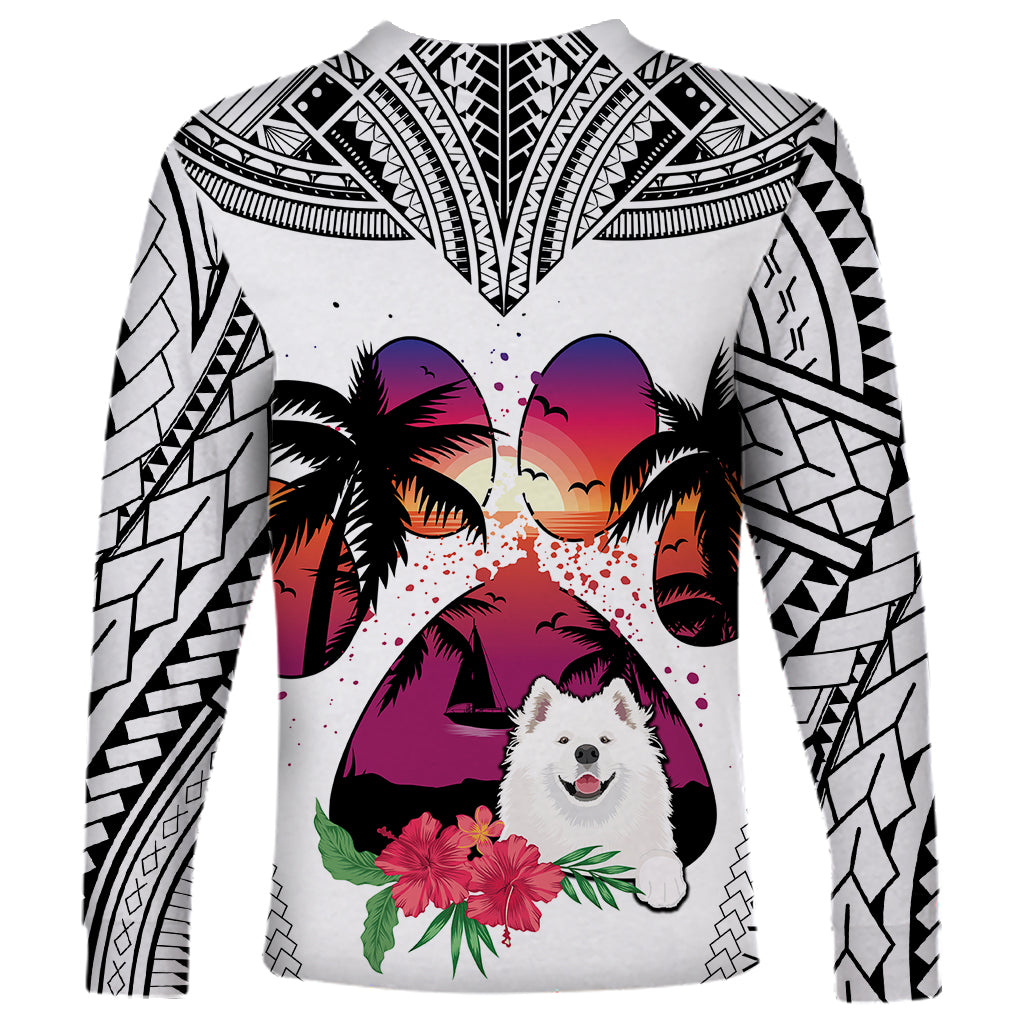 Polynesian Long Sleeve Shirt Dog Lover With Samoyed - Sunset At The Beach White Ver LT7 - Polynesian Pride
