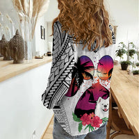 Polynesian Women Casual Shirt Dog Lover With Samoyed - Sunset At The Beach White Ver LT7 - Polynesian Pride
