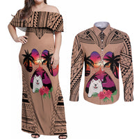 Polynesian Couples Matching Off Shoulder Maxi Dress and Long Sleeve Button Shirts Dog Lover With Samoyed - Sunset At The Beach Brown Ver LT7 Brown - Polynesian Pride